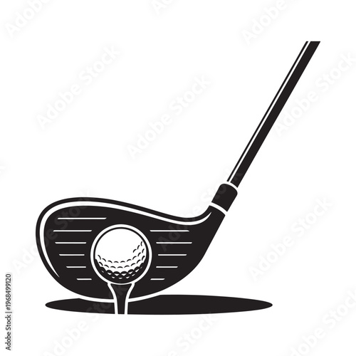 A black and white illustration of a golf club and ball on a tee