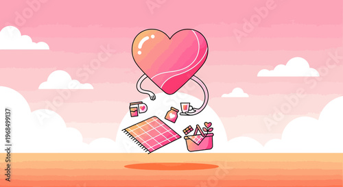 Heart Character Picnic on Sunset Sky Background