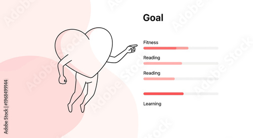 Heart Character Reaching Fitness Goal Progress Bar, Healthy Lifestyle Concept