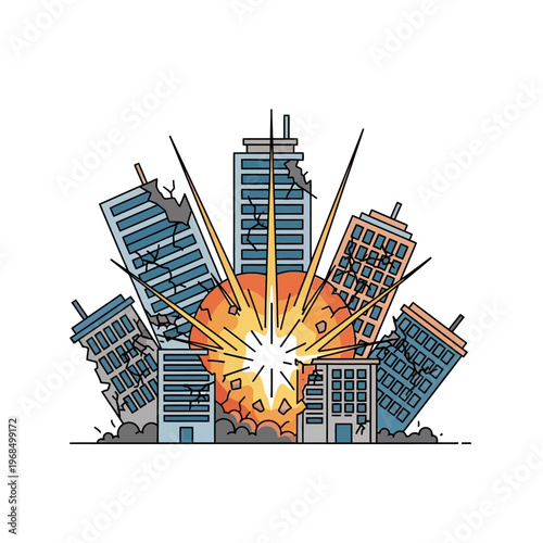 City Buildings Destroyed by Massive Explosion, Urban Disaster Flat Illustration
