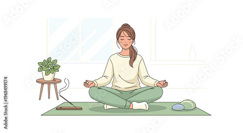 A woman with light brown hair meditates on a green yoga mat in a bright room.