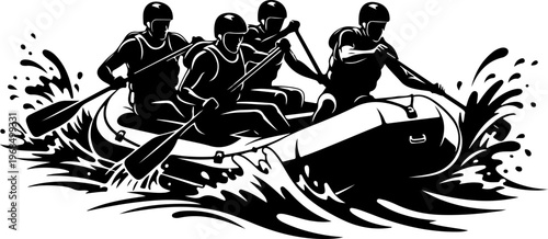 Three people paddling a raft on water Vector Art
