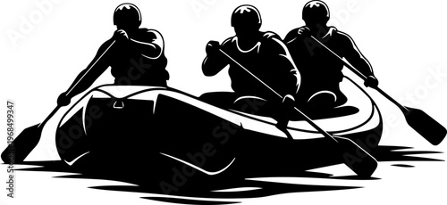 Three people paddling a raft on water Vector Art