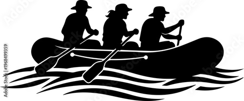 Three people paddling a raft on water Vector Art