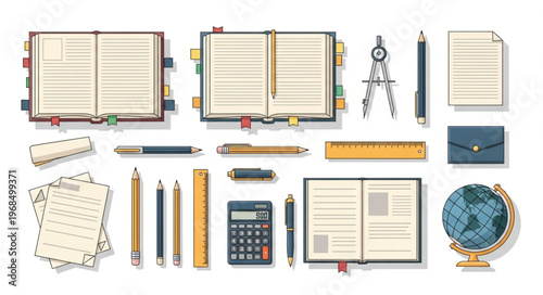 Stationery and Office Supplies Flat Lay Arrangement on White Background.