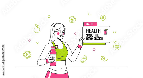 Healthy Woman Holding Smoothie Detox Session Sign, Fitness Lifestyle