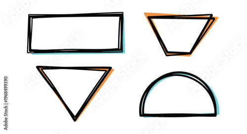 Set of four hand drawn geometric shapes including a rectangle trapezoid triangle and semicircle feature a subtle orange and blue shadow.