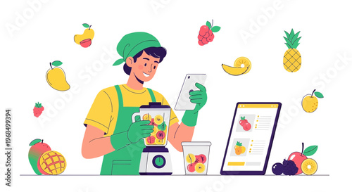Healthy Smoothie Preparation with Mobile App and Fresh Fruits