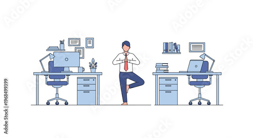 A businessman is performing a tree yoga pose centrally between two office desks, surrounded by typical office equipment.