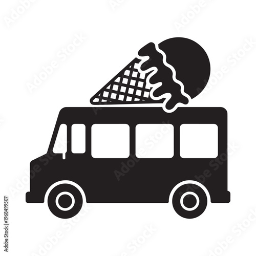 Black and white icon depicting an ice cream truck with a cone