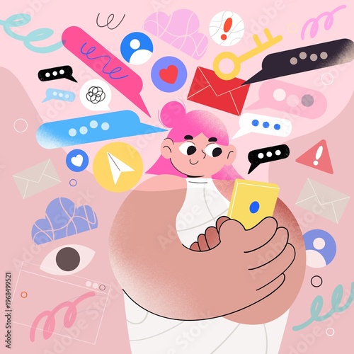 Canvastavla Flat illustration of Women texting message on Smartphone surrounded by chatting bubbles social media communication design concept
