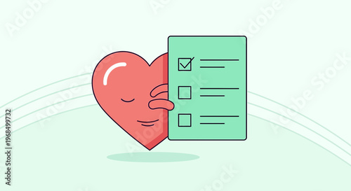 Heart Character Completing To-Do List, Planning, Goals, Health Check, Love Tasks