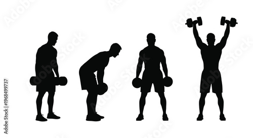 Four athletic poses featuring a man lifting weights a striking silhouette