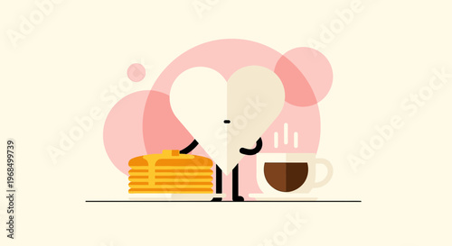 Heart Character Enjoying Breakfast Pancakes and Coffee, Love Morning Meal