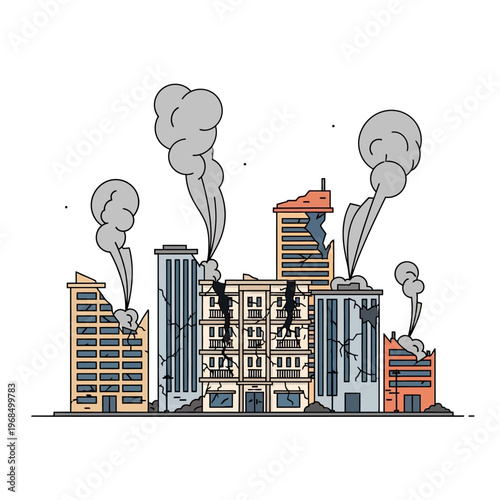 Damaged city buildings with smoke after disaster, flat illustration.