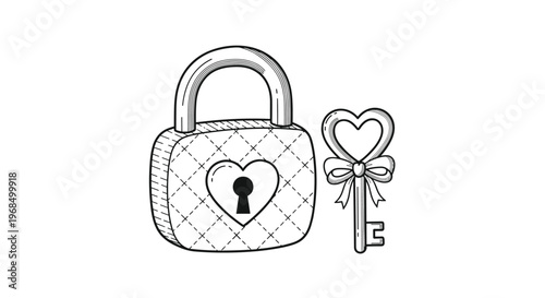 Classic line drawing of a heart shaped padlock and matching key with a bow ornament symbolizes love security and romantic connections.