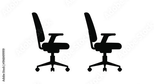 Two modern office chairs depicted in stark black silhouette