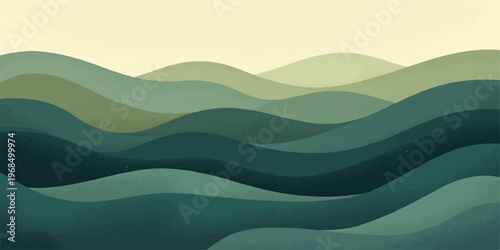 Abstract green and blue background with flowing waves featuring a vector illustration of a summer landscape with mountains, green grass hills, and a blue sea under a cloudy sky