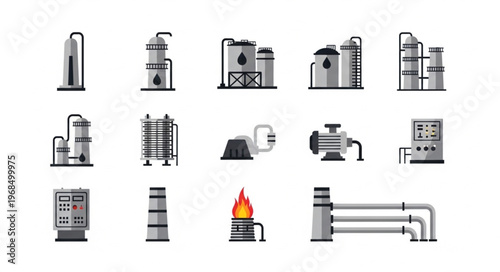 Industrial Plant and Equipment Icons Set in Vector Format.