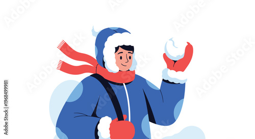 Small child in thick winter gear holds up a round snowball with a happy expression while playing outside in the cold snowy weather.