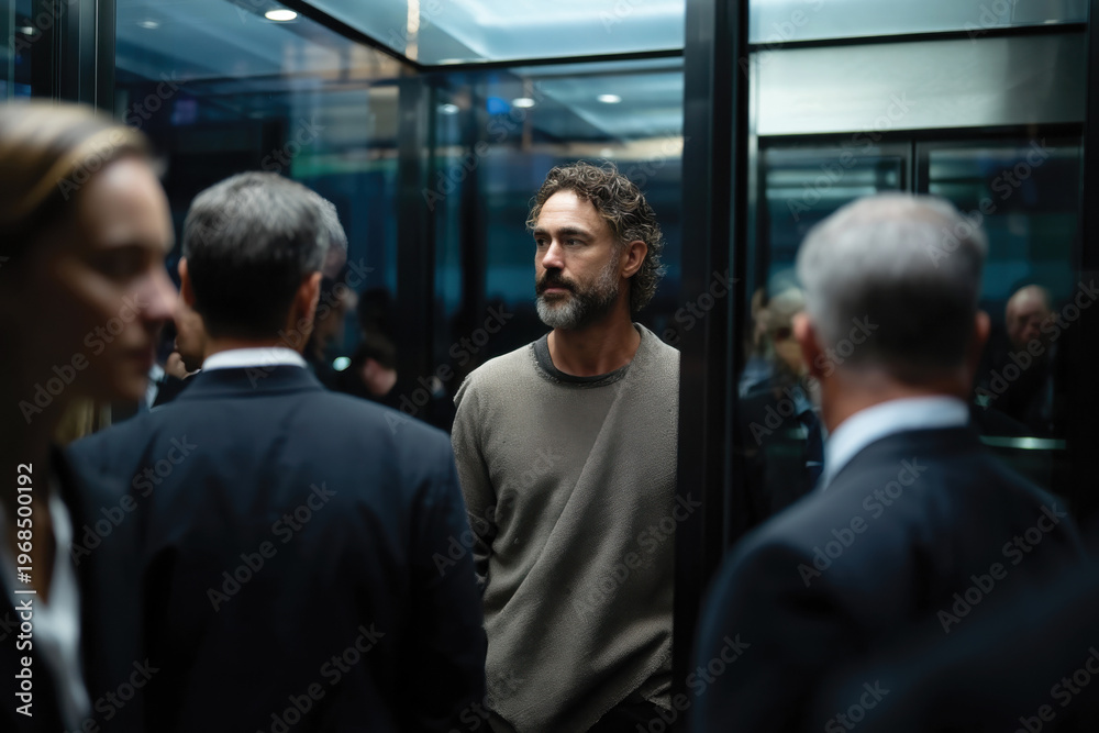 Obraz premium A muscular man stands confidently in an elevator, surrounded by well-dressed individuals, illustrating the contrast of strength and elegance in an urban setting.