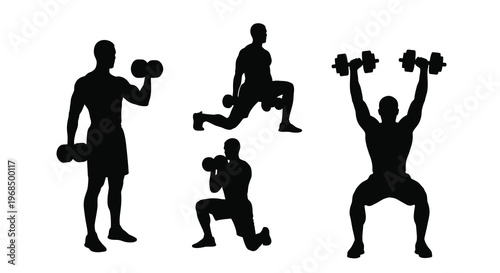 Men exercising with dumbbells in various poses black silhouette