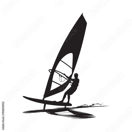 Silhouette of a windsurfer gracefully riding waves on the water