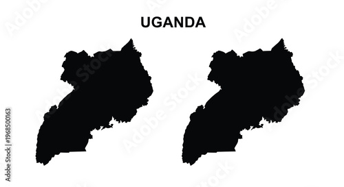 Two black silhouettes of uganda s landmass against a white background silhouette