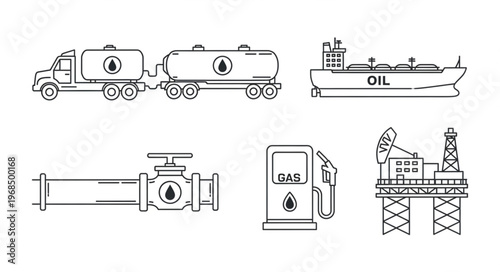 Oil and Gas Industry Transportation and Infrastructure Outline Icons.