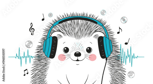 Cute hedgehog wearing blue headphones is surrounded by musical notes and sound waves as it listens to favorite songs.