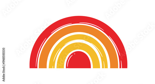 Retro style rainbow with concentric semi circular bands of red orange and yellow creates a vibrant and warm design.