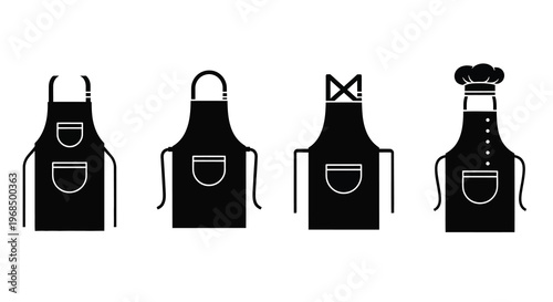 Four black aprons and a chef s hat in a minimalist silhouette