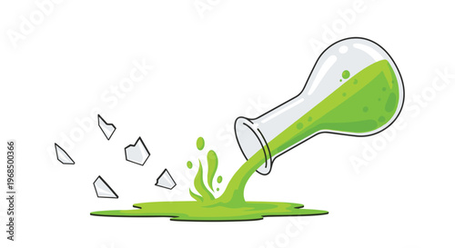 A broken glass laboratory flask is tilted, spilling bright green liquid onto a white surface with shattered glass fragments nearby.
