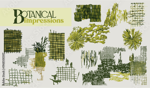 botanical impressions - Abstract green textured mark set featuring handdrawn grids scribbles organic strokes botanical impressions modern artistic composition collection