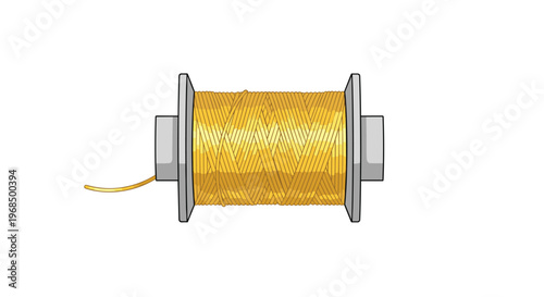 A horizontal bobbin of shiny golden filament is centered against a plain white background.