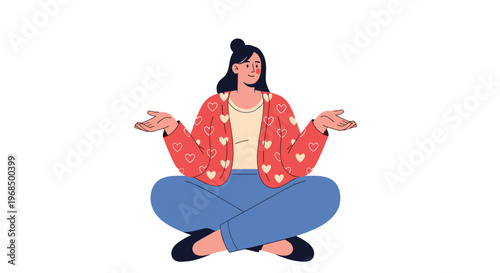 Young woman with dark hair sits cross legged in a colorful heart patterned sweater with her hands held out wide.