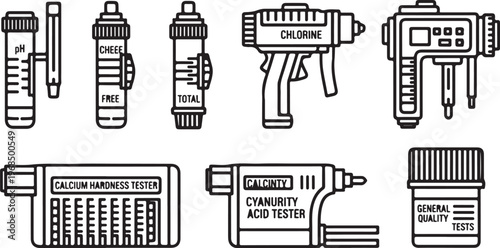 Water testing equipment for chlorine, ph, hardness, cyanuric acid and alkalinity Vector
