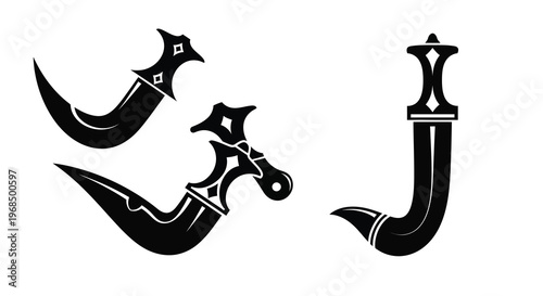 Three ornate kris daggers depicted in a striking black silhouette
