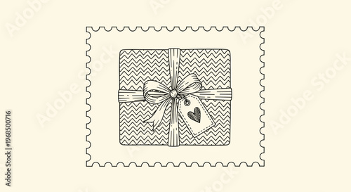 Hand drawn gift box on a postage stamp background featuring a chevron pattern and heart tag ideal for valentines day or special delivery themes.