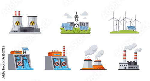 Diverse Energy Sources - Nuclear, Solar, Wind, Hydro, and Fossil Fuel Power Plants.