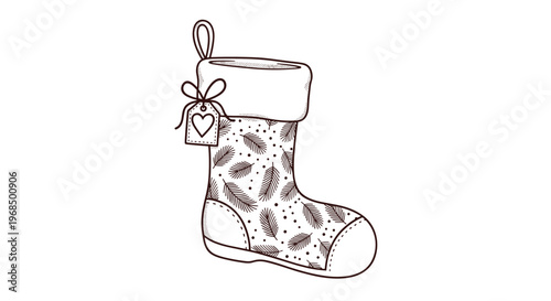 Decorative hand drawn christmas stocking featuring evergreen leaf patterns and a heart tag for personalized holiday gift and traditions.