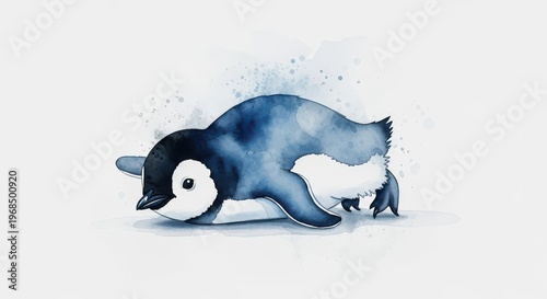 Adorable baby flightless bird illustration depicted in a blue watercolor style is resting on a white surface.