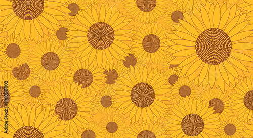 Dense and vibrant seamless pattern of blooming yellow sunflowers creates a cheerful and sunny floral background full of summer energy.