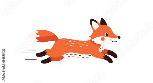 Cute cartoon red fox running with speed lines indicates fast motion and energy for childrens storybooks and playful nature themed illustrations.