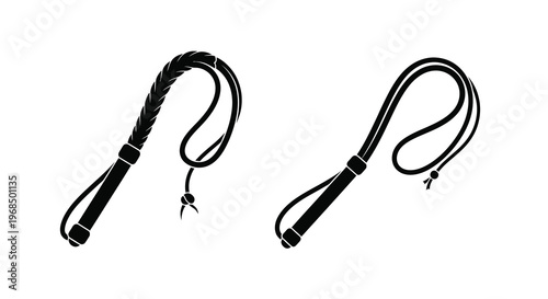 Two black whips with braided and looped handles stark silhouette