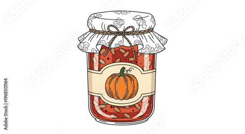 Artistic line drawing of a glass mason jar filled with pumpkin seeds or jam features a decorated lid and a small pumpkin on the label.