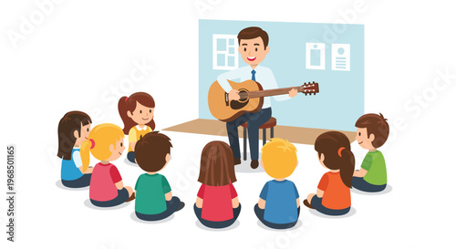 A smiling male teacher sits on a stool playing an acoustic guitar for eight diverse children sitting in a circle on the floor in a classroom.