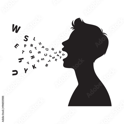 Silhouette of a head with letters flowing from an open mouth