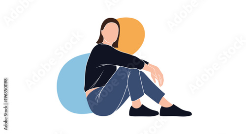 Minimalist flat illustration of a person sitting on the floor with legs tucked in against simple colored circle shapes in the background.