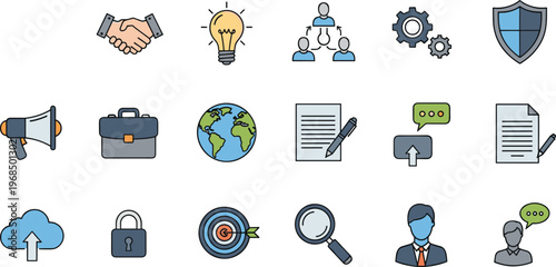 Business communication and global management flat icon set including handshake teamwork cloud security marketing finance and corporate symbols